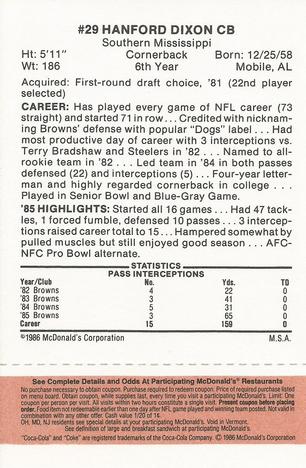 1986 McDonald's Cleveland Browns - Full Game Pieces - Week 3 Gold/Orange Tab #NNO Hanford Dixon Back