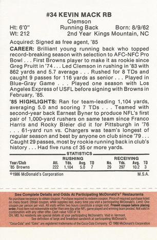 1986 McDonald's Cleveland Browns - Full Game Pieces - Week 3 Gold/Orange Tab #NNO Kevin Mack Back