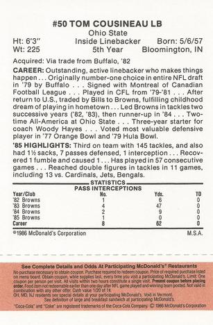 1986 McDonald's Cleveland Browns - Full Game Pieces - Week 3 Gold/Orange Tab #NNO Tom Cousineau Back