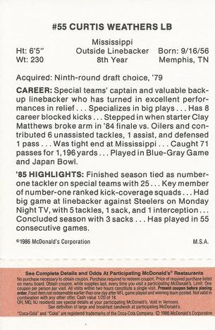 1986 McDonald's Cleveland Browns - Full Game Pieces - Week 3 Gold/Orange Tab #NNO Curtis Weathers Back