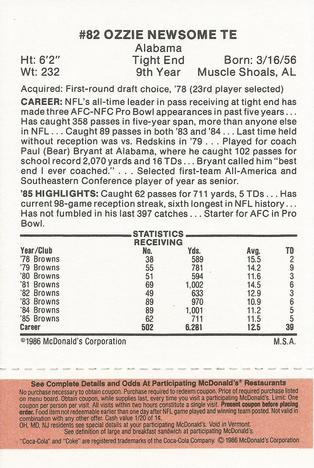 1986 McDonald's Cleveland Browns - Full Game Pieces - Week 3 Gold/Orange Tab #NNO Ozzie Newsome Back