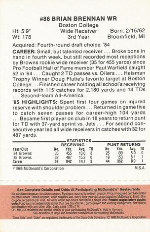 1986 McDonald's Cleveland Browns - Full Game Pieces - Week 3 Gold/Orange Tab #NNO Brian Brennan Back