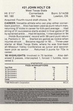 1986 McDonald's Tampa Bay Buccaneers - Full Game Pieces - Week 2 Black/Gray Tab #NNO John Holt Back