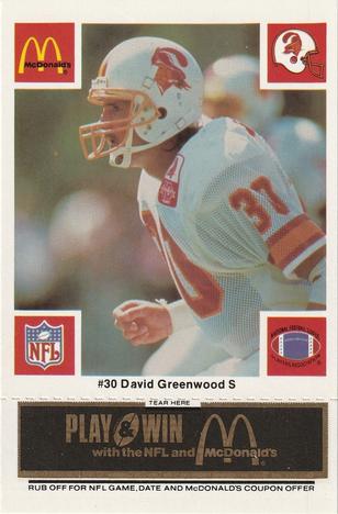 1986 McDonald's Tampa Bay Buccaneers - Full Game Pieces - Week 2 Black/Gray Tab #NNO David Greenwood Front