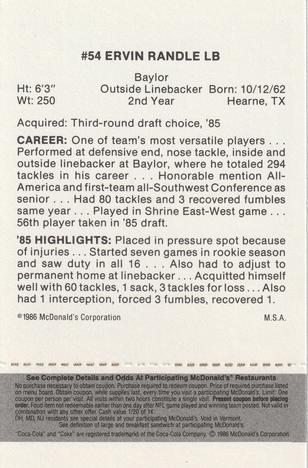 1986 McDonald's Tampa Bay Buccaneers - Full Game Pieces - Week 2 Black/Gray Tab #NNO Ervin Randle Back