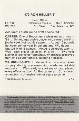 1986 McDonald's Tampa Bay Buccaneers - Full Game Pieces - Week 2 Black/Gray Tab #NNO Ron Heller Back