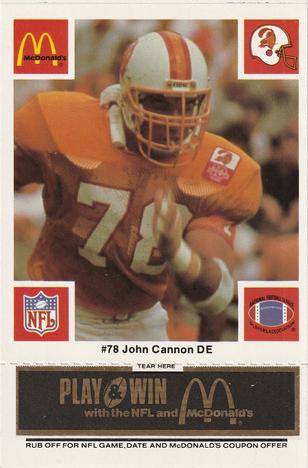 1986 McDonald's Tampa Bay Buccaneers - Full Game Pieces - Week 2 Black/Gray Tab #NNO John Cannon Front