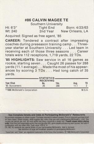 1986 McDonald's Tampa Bay Buccaneers - Full Game Pieces - Week 2 Black/Gray Tab #NNO Calvin Magee Back