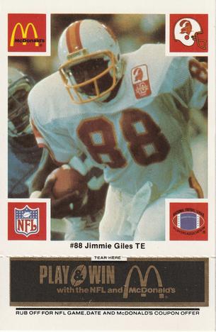 1986 McDonald's Tampa Bay Buccaneers - Full Game Pieces - Week 2 Black/Gray Tab #NNO Jimmie Giles Front