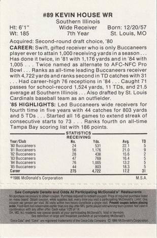 1986 McDonald's Tampa Bay Buccaneers - Full Game Pieces - Week 2 Black/Gray Tab #NNO Kevin House Back