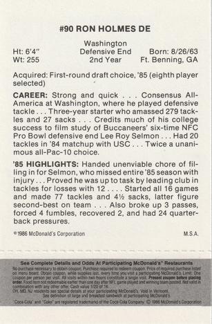 1986 McDonald's Tampa Bay Buccaneers - Full Game Pieces - Week 2 Black/Gray Tab #NNO Ron Holmes Back