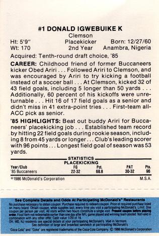 1986 McDonald's Tampa Bay Buccaneers - Full Game Pieces - Week 1 Blue Tab #NNO Donald Igwebuike Back