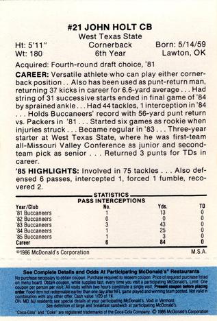 1986 McDonald's Tampa Bay Buccaneers - Full Game Pieces - Week 1 Blue Tab #NNO John Holt Back