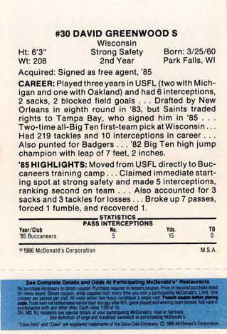 1986 McDonald's Tampa Bay Buccaneers - Full Game Pieces - Week 1 Blue Tab #NNO David Greenwood Back