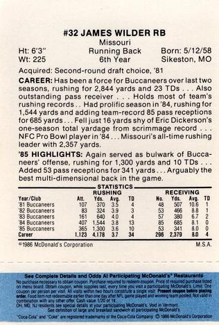 1986 McDonald's Tampa Bay Buccaneers - Full Game Pieces - Week 1 Blue Tab #NNO James Wilder Back