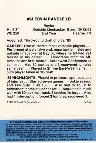 1986 McDonald's Tampa Bay Buccaneers - Full Game Pieces - Week 1 Blue Tab #NNO Ervin Randle Back