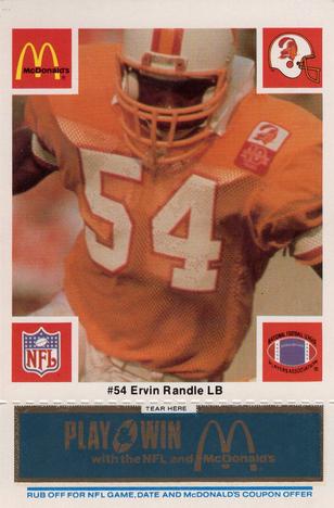1986 McDonald's Tampa Bay Buccaneers - Full Game Pieces - Week 1 Blue Tab #NNO Ervin Randle Front