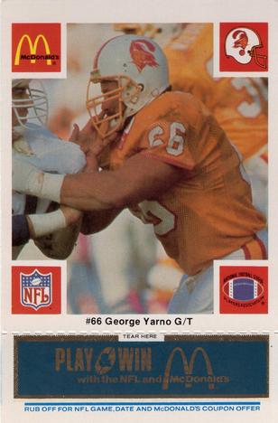 1986 McDonald's Tampa Bay Buccaneers - Full Game Pieces - Week 1 Blue Tab #NNO George Yarno Front