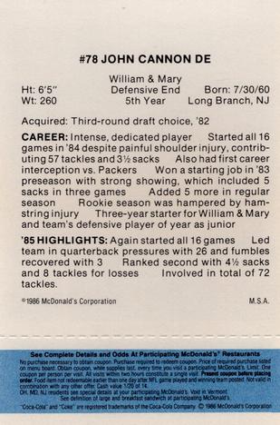 1986 McDonald's Tampa Bay Buccaneers - Full Game Pieces - Week 1 Blue Tab #NNO John Cannon Back