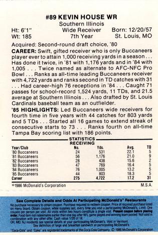 1986 McDonald's Tampa Bay Buccaneers - Full Game Pieces - Week 1 Blue Tab #NNO Kevin House Back