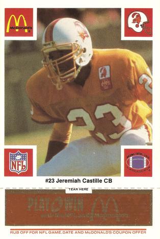 1986 McDonald's Tampa Bay Buccaneers - Full Game Pieces - Week 3 Gold/Orange Tab #NNO Jeremiah Castille Front