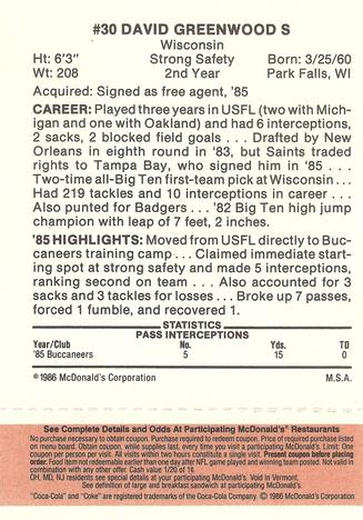 1986 McDonald's Tampa Bay Buccaneers - Full Game Pieces - Week 3 Gold/Orange Tab #NNO David Greenwood Back