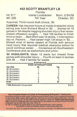 1986 McDonald's Tampa Bay Buccaneers - Full Game Pieces - Week 3 Gold/Orange Tab #NNO Scot Brantley Back