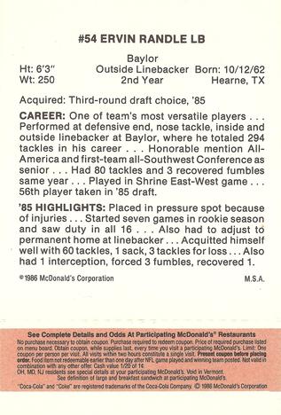 1986 McDonald's Tampa Bay Buccaneers - Full Game Pieces - Week 3 Gold/Orange Tab #NNO Ervin Randle Back