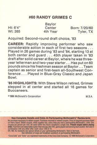 1986 McDonald's Tampa Bay Buccaneers - Full Game Pieces - Week 3 Gold/Orange Tab #NNO Randy Grimes Back