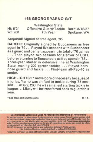 1986 McDonald's Tampa Bay Buccaneers - Full Game Pieces - Week 3 Gold/Orange Tab #NNO George Yarno Back