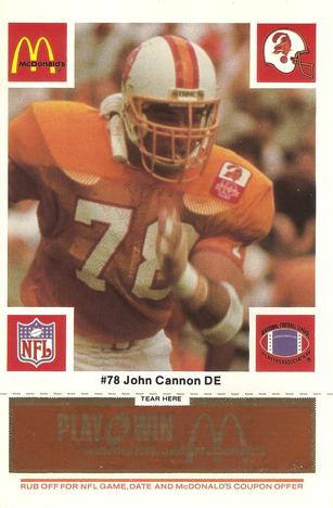 1986 McDonald's Tampa Bay Buccaneers - Full Game Pieces - Week 3 Gold/Orange Tab #NNO John Cannon Front