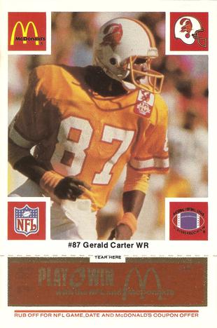 1986 McDonald's Tampa Bay Buccaneers - Full Game Pieces - Week 3 Gold/Orange Tab #NNO Gerald Carter Front