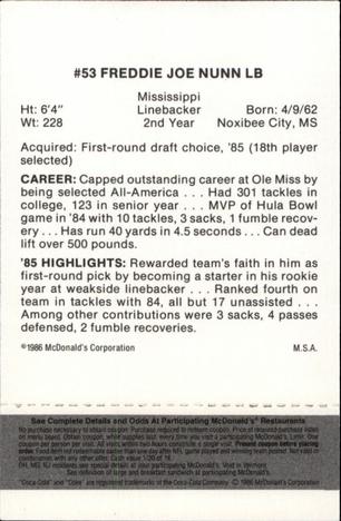 1986 McDonald's St. Louis Cardinals - Full Game Pieces - Week 2 Black/Gray Tab #NNO Freddie Joe Nunn Back