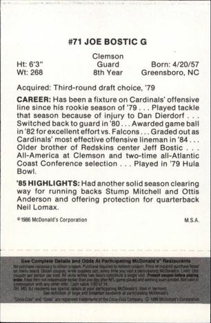 1986 McDonald's St. Louis Cardinals - Full Game Pieces - Week 2 Black/Gray Tab #NNO Joe Bostic Back