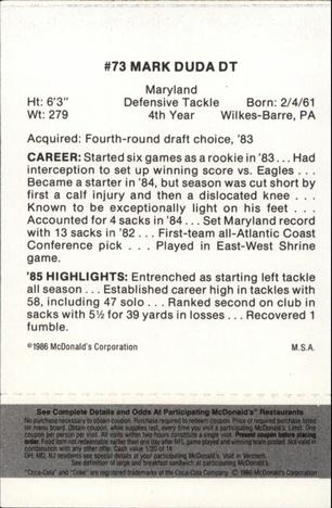 1986 McDonald's St. Louis Cardinals - Full Game Pieces - Week 2 Black/Gray Tab #NNO Mark Duda Back