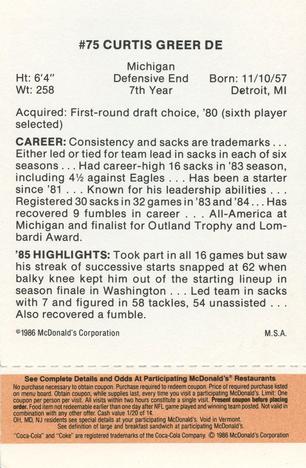 1986 McDonald's St. Louis Cardinals - Full Game Pieces - Week 3 Gold/Orange Tab #NNO Curtis Greer Back