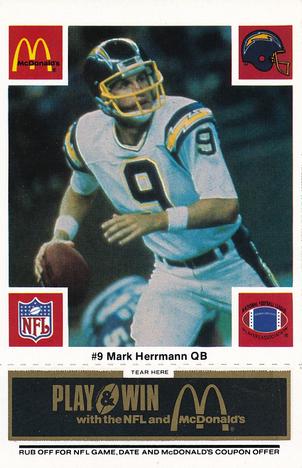 1986 McDonald's San Diego Chargers - Full Game Pieces - Week 2 Black/Gray Tab #NNO Mark Herrmann Front