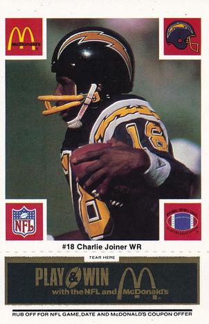 1986 McDonald's San Diego Chargers - Full Game Pieces - Week 2 Black/Gray Tab #NNO Charlie Joiner Front