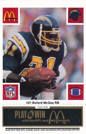 1986 McDonald's San Diego Chargers - Full Game Pieces - Week 2 Black/Gray Tab #NNO Buford McGee Front
