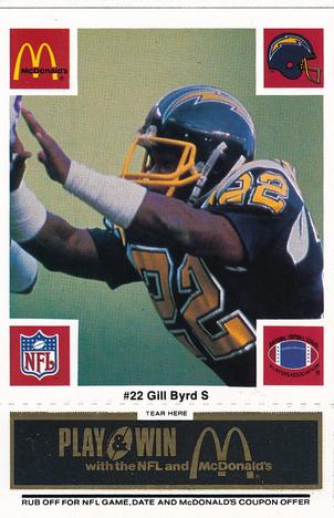 1986 McDonald's San Diego Chargers - Full Game Pieces - Week 2 Black/Gray Tab #NNO Gill Byrd Front