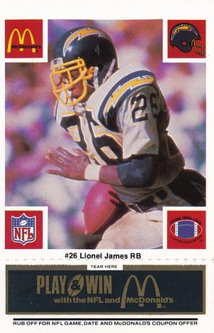 1986 McDonald's San Diego Chargers - Full Game Pieces - Week 2 Black/Gray Tab #NNO Lionel James Front