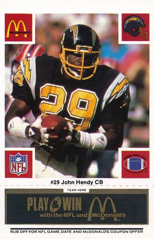 1986 McDonald's San Diego Chargers - Full Game Pieces - Week 2 Black/Gray Tab #NNO John Hendy Front