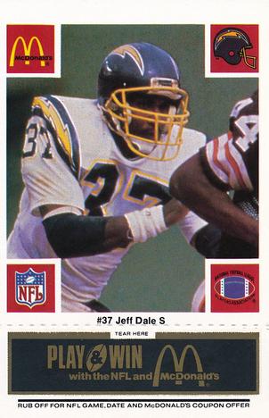 1986 McDonald's San Diego Chargers - Full Game Pieces - Week 2 Black/Gray Tab #NNO Jeffery Dale Front