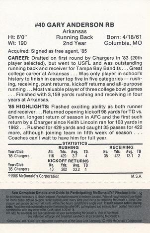 1986 McDonald's San Diego Chargers - Full Game Pieces - Week 2 Black/Gray Tab #NNO Gary Anderson Back