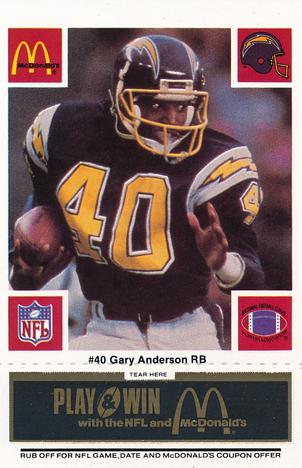 1986 McDonald's San Diego Chargers - Full Game Pieces - Week 2 Black/Gray Tab #NNO Gary Anderson Front