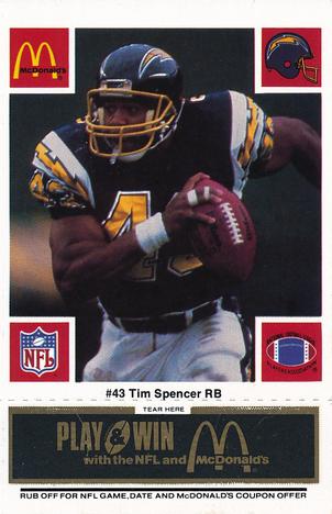 1986 McDonald's San Diego Chargers - Full Game Pieces - Week 2 Black/Gray Tab #NNO Tim Spencer Front