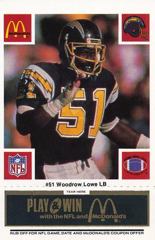 1986 McDonald's San Diego Chargers - Full Game Pieces - Week 2 Black/Gray Tab #NNO Woodrow Lowe Front