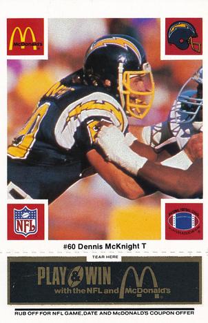 1986 McDonald's San Diego Chargers - Full Game Pieces - Week 2 Black/Gray Tab #NNO Dennis McKnight Front