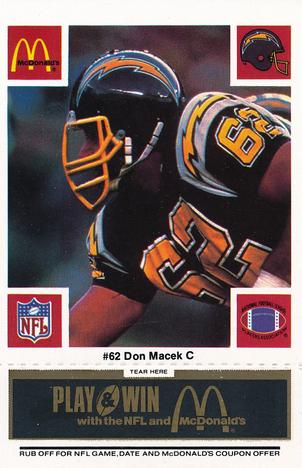 1986 McDonald's San Diego Chargers - Full Game Pieces - Week 2 Black/Gray Tab #NNO Don Macek Front