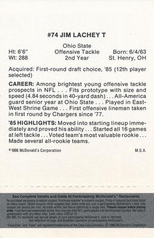 1986 McDonald's San Diego Chargers - Full Game Pieces - Week 2 Black/Gray Tab #NNO Jim Lachey Back